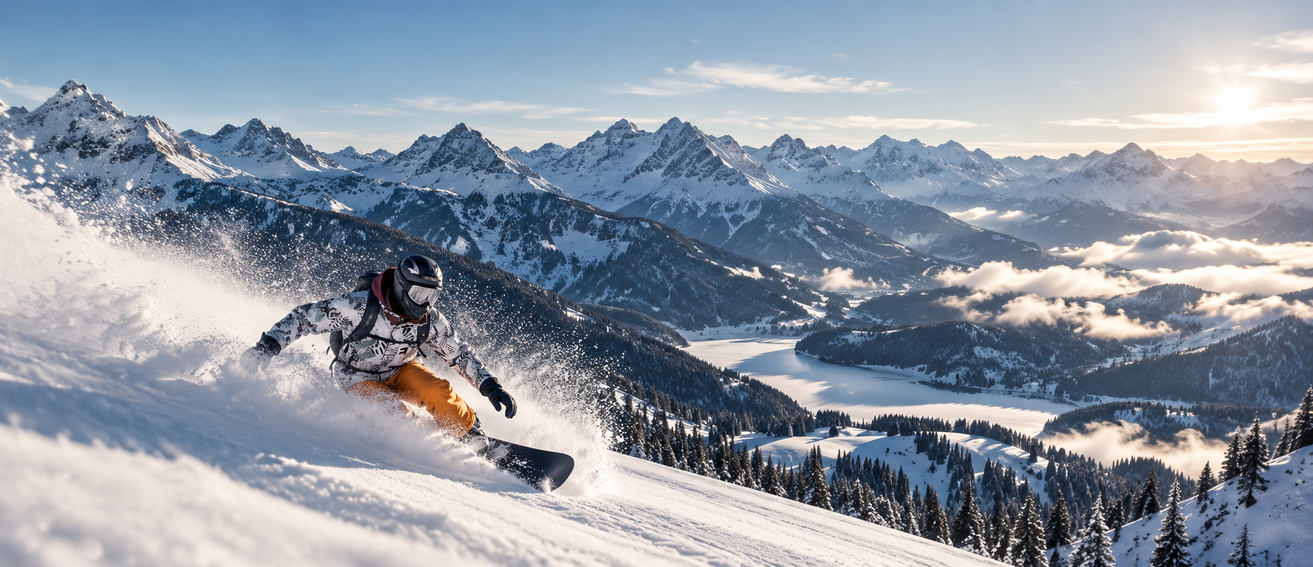 Snowboarder riding above the Swiss Alps