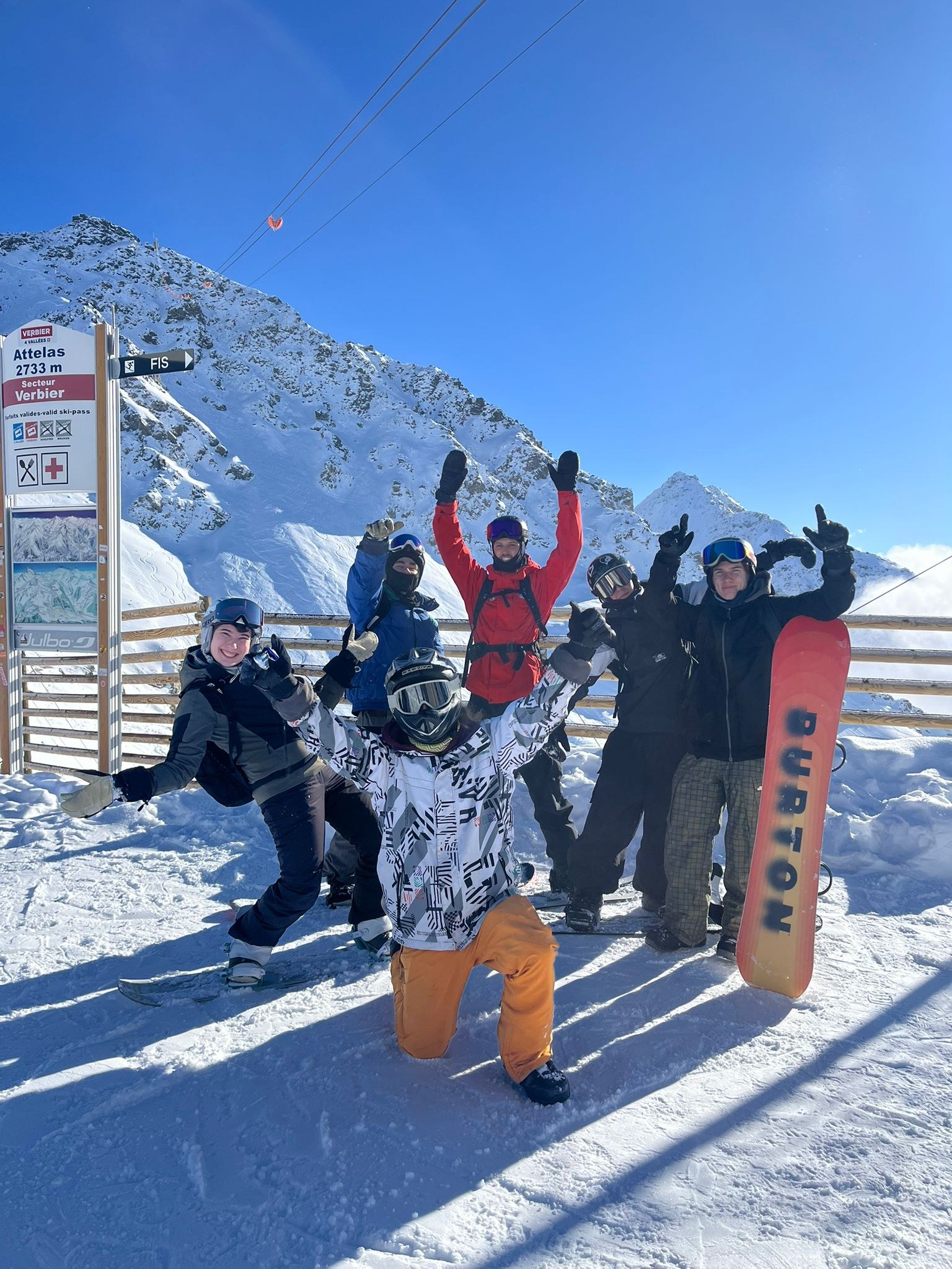 Snowboard group in the Swiss Alps
